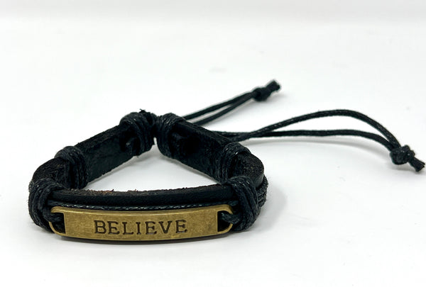 "Genuine Leather Adjustable Bracelet with Believe Plate"(1pc)