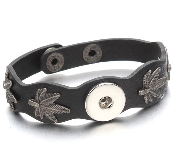 "Black Leather Snap Button Bracelet with Metal Pot Leaf Design"(1pc)