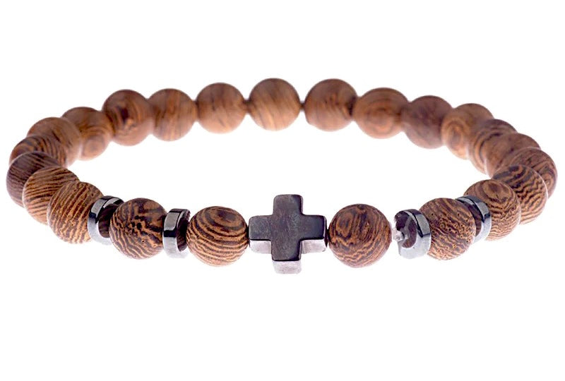 "Sacred Woods: 8mm Round Wood Beads Bracelet with Cross Charm for Men"