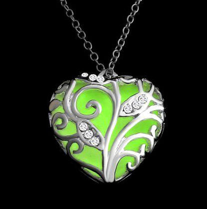 "Glowing Aqua Heart Pendant Necklace - Silver Plated"