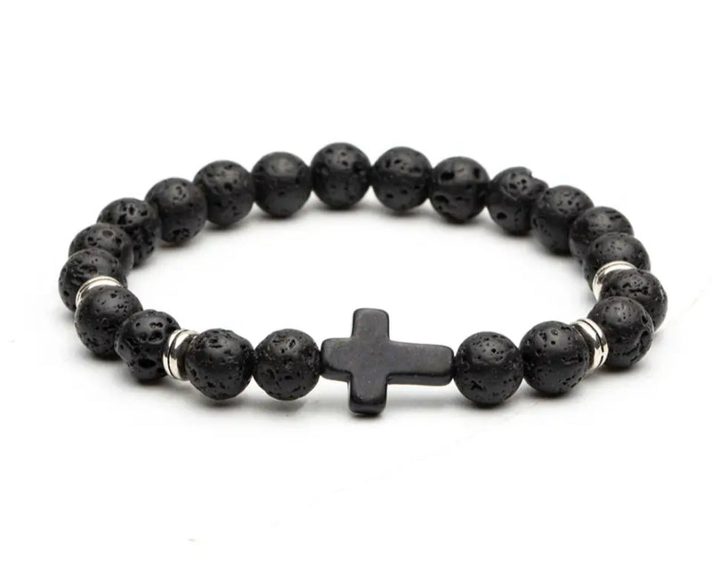 "Sacred Fusion: Custom Lava Rock Stone Bracelet with Cross Charm for Men and Women"