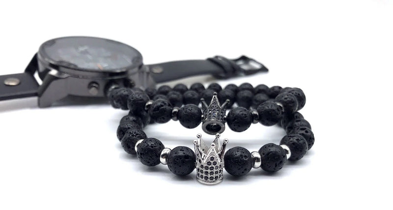 Handmade Volcanic Stone Bracelet with 5-Point Crown Charm (1pc)