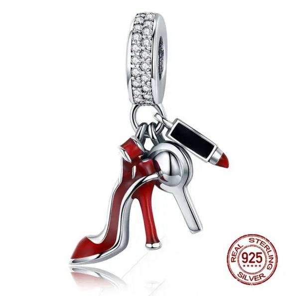 Sterling Silver Red High Heel Dress Shoe and Lipstick Pendant: A Captivating Emblem of Elegance and Style (1pc)