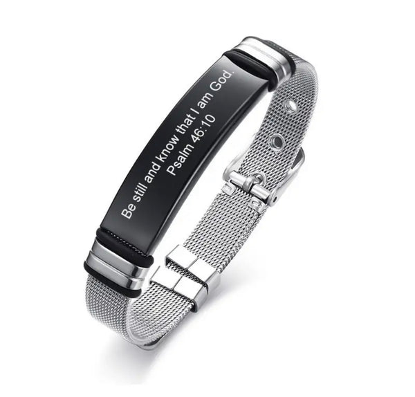 "Sacred Steel: Adjustable Christian Men's Stainless Steel Bracelet with Personalized Scripture"