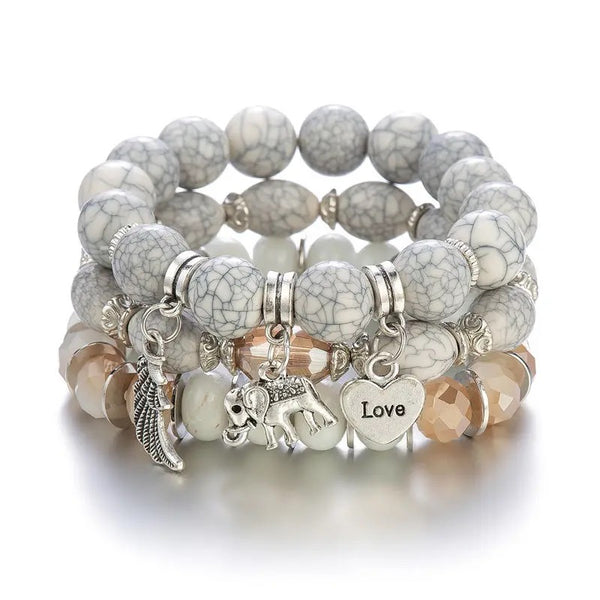 "Charmstone Trio: Adjustable Expansion Bracelet Set with Colorful Gems and Charms - Elephant, Heart, and Angel Wing"