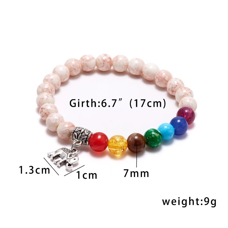 "Majestic Harmony: Marble Stone with 7 Chakras Healing Stone Bracelet and Elephant Dangling Charm for Women and Men"