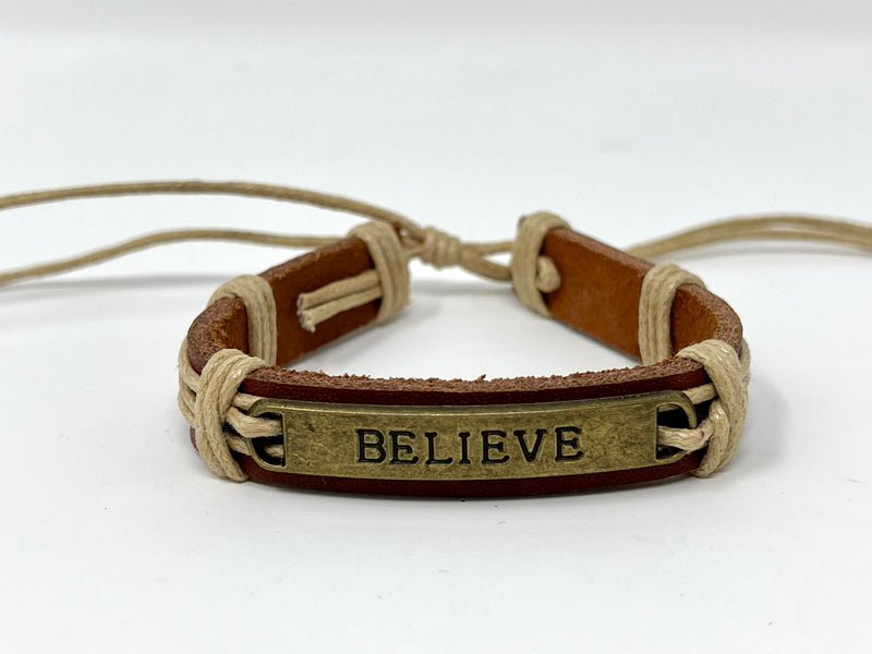 "Genuine Leather Adjustable Bracelet with Believe Plate"(1pc)