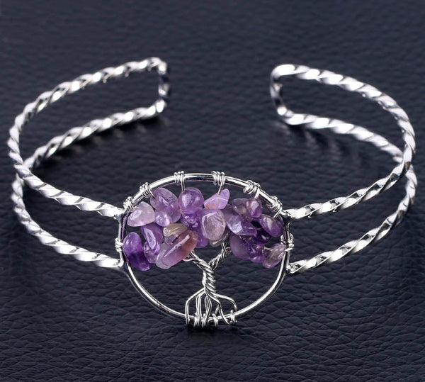 "Stunning Amethyst Gemstone Tree of Life Cuff Bangle Bracelet"