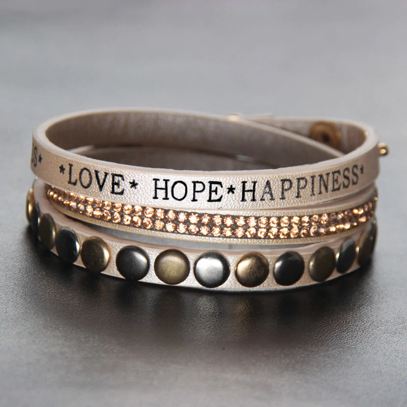 Love Hope Happiness Rhinestone Studded Bracelet Faux Leather Bracelet
