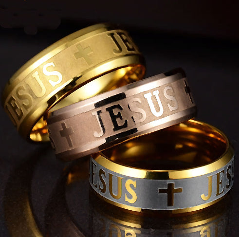 "JESUS and Cross Stainless Steel Ring - Brushed Surface Center"(1pc)