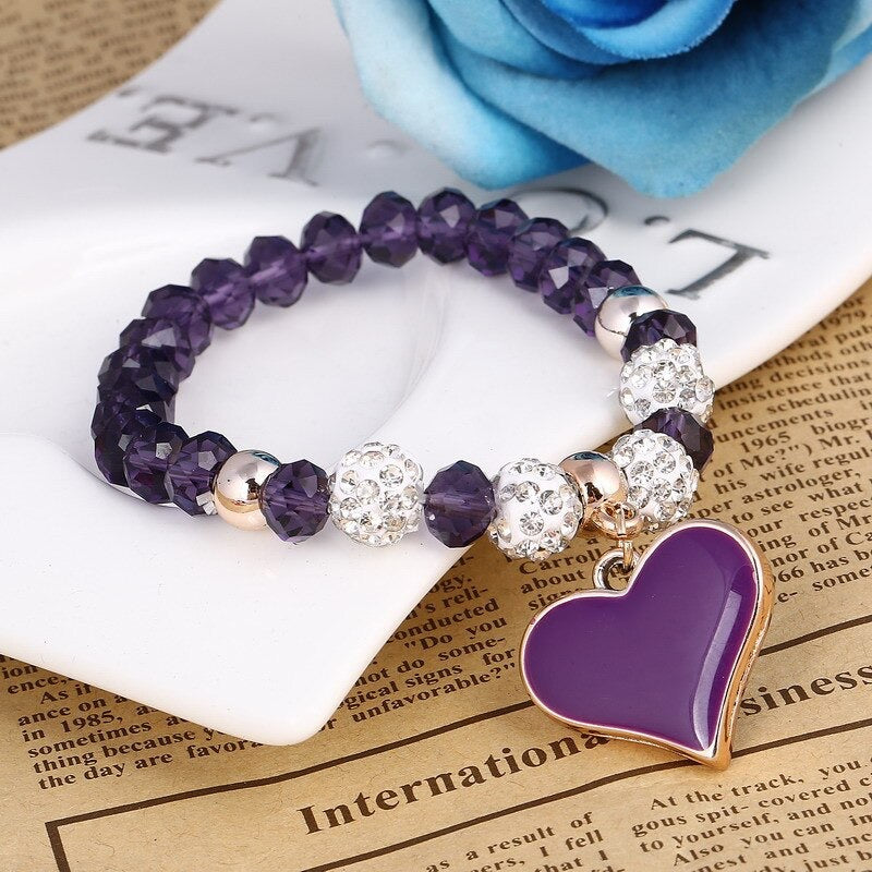 "Sparkling Love: Romantic Crystal Bead Bling Heart Pendant Bracelets for Women"