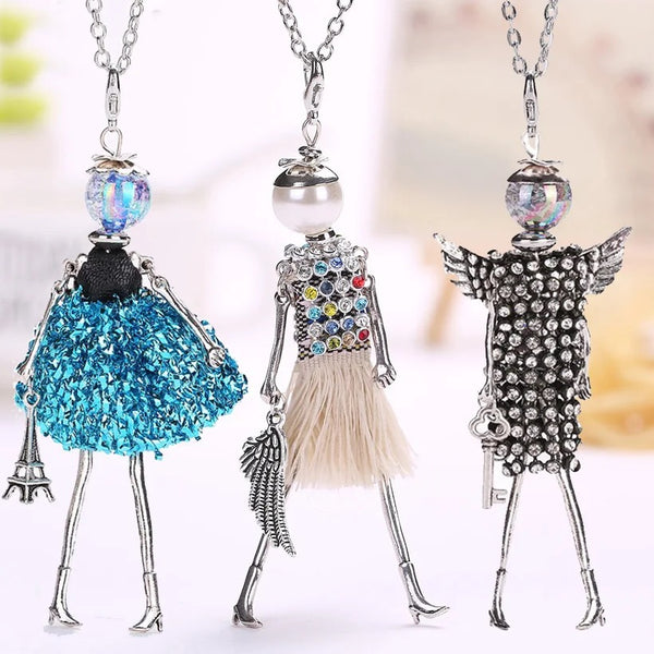 "Sparkling Doll Charm Pendant Necklace: Handmade Fashion Jewelry for Women and Girls with Rhinestone Accents"