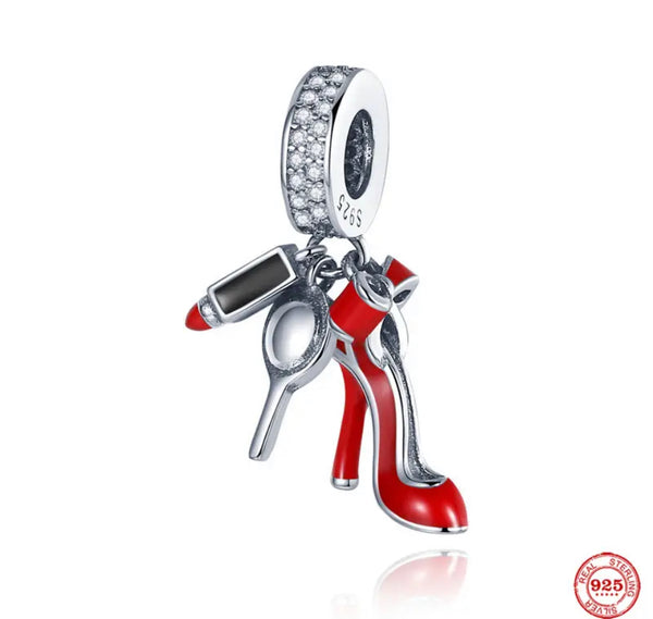 Sterling Silver Red High Heel Dress Shoe and Lipstick Pendant: A Captivating Emblem of Elegance and Style (1pc)
