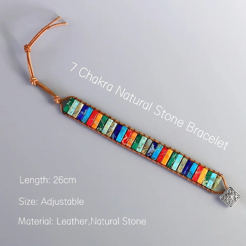 "Serenity Stones: Handcrafted 7 Chakra Natural Stone Bracelet - Leather Wrap Bangle for Women and Men"