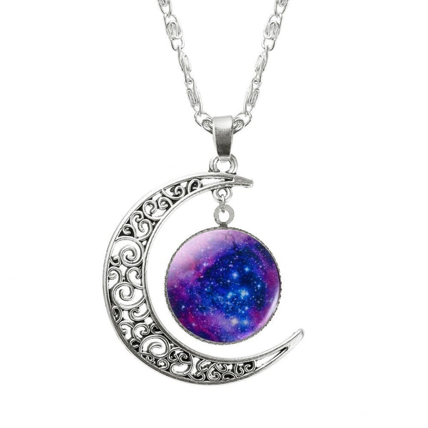 "Lunar Cosmos: Galaxy Planet Glass Pendant Crescent Moon Necklace for Women"