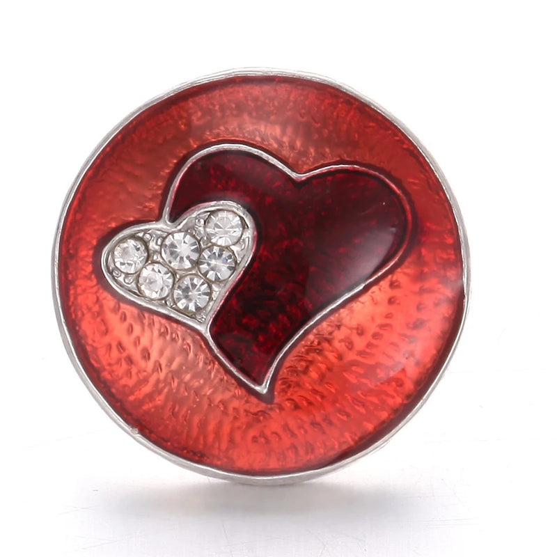 "Heartfelt Enchantment: 18mm Double Heart Metal Snap Button with White Rhinestone Overlapping Red Heart"