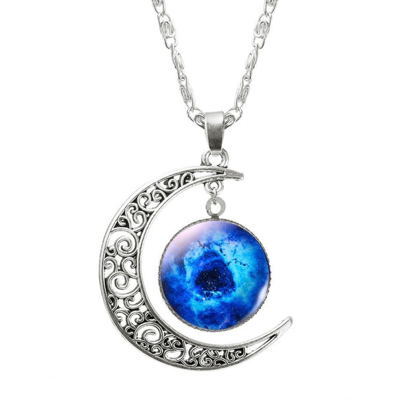"Lunar Cosmos: Galaxy Planet Glass Pendant Crescent Moon Necklace for Women"