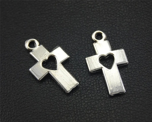 "Silver Colored Cross Charm with Heart Cutout" (1pc)