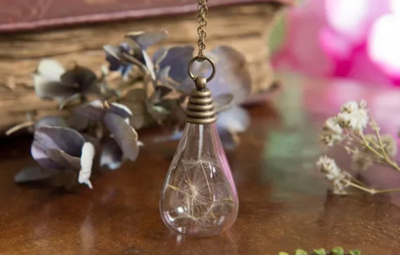 "Dandelion Wishes: Hand-Blown Seed Teardrop Necklace"