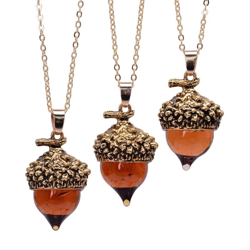 "Nature's Treasure: Glass Bronze Acorn Pendant Necklace for Women and Men"