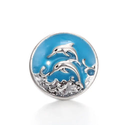 "Oceanic Elegance: Silver Dolphins Leaping Metal Snap Button in Blue Waters"-18mm