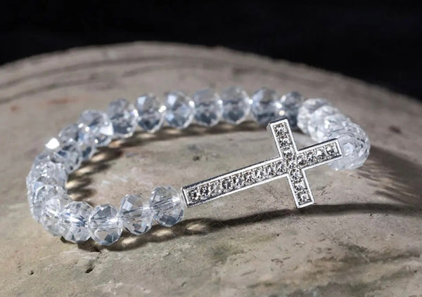 "Divine Sparkle: Women's Crystal Bead Bracelet with Cross Rhinestone Pendant"