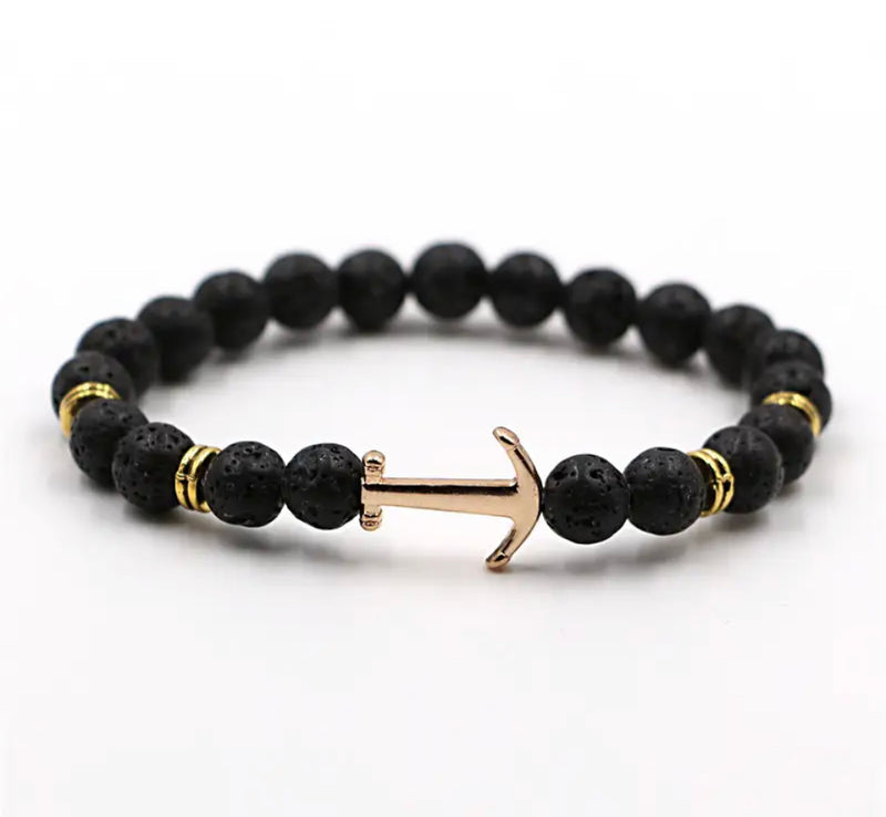 "Lava Stone Beaded Bracelet with Gold Anchor - Infuse with Essential Oils"(1pc)