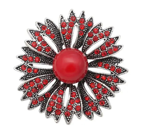 "Red Blooming Beauty: Rhinestone Petals & Red Pearl 18mm Snap Button"