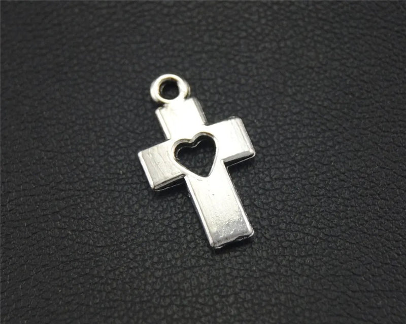 "Silver Colored Cross Charm with Heart Cutout" (1pc)