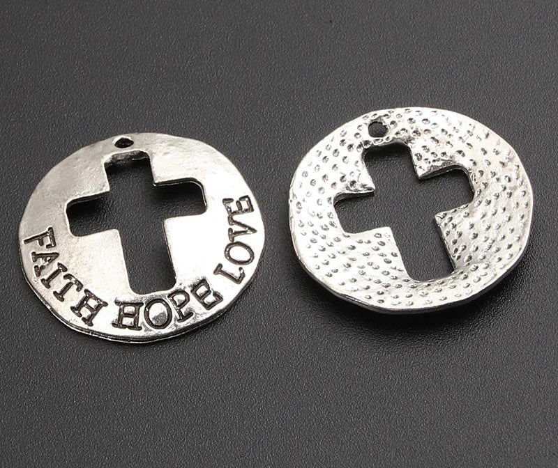 "Faith, Hope, Love" Metal Charm Pendant with Cross Symbol Cutout - Inspiring Values for a Meaningful Life (1pc)