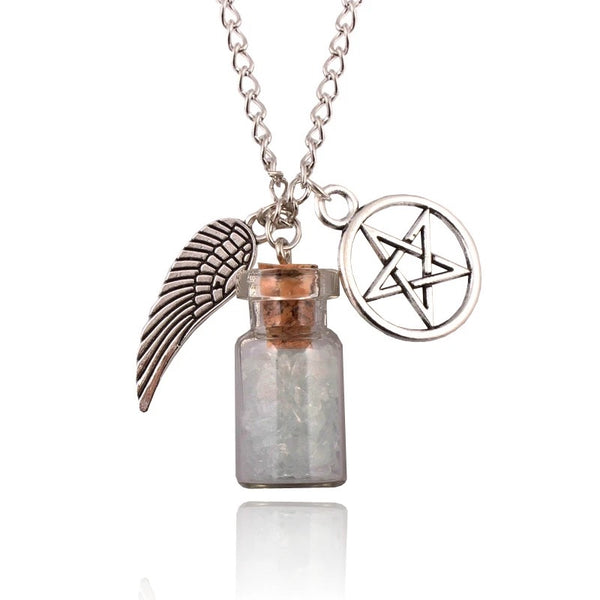 "Divine Guardians: Silver Tone Supernatural Protection Necklace with Angel Wing Charm and Salt Bottle Pendant - Length 45x5 cm"