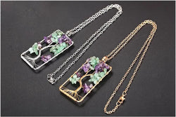"Enchanting Amethyst Tree: Silver Plated Natural Stone Crystal Square Tree of Life Pendant Necklace”