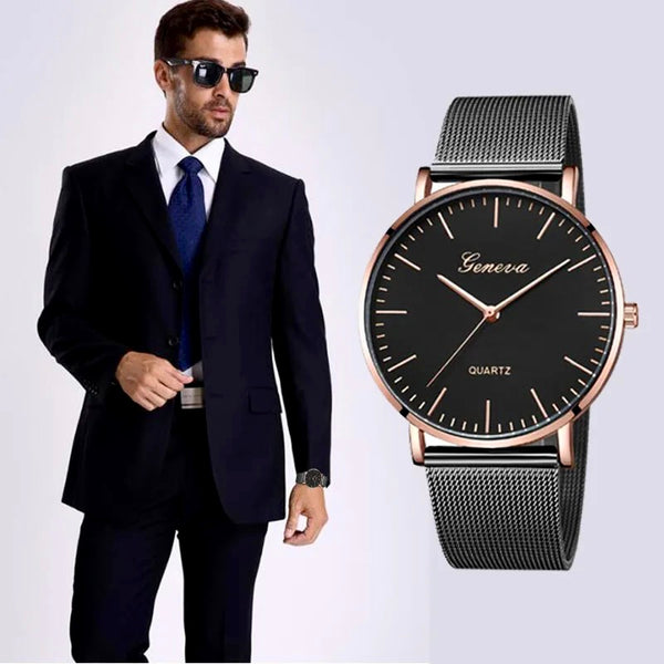 Sleek and Stylish Black Quartz Watch with Mesh Stainless Steel Band - Unisex Timepiece of Superior Quality