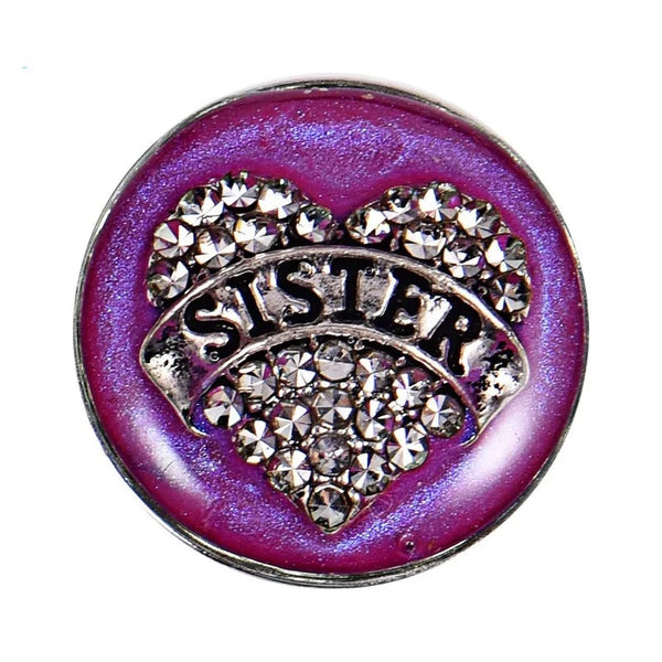"Sisterly Sparkle: Purple Heart Snap Button with Rhinestones and 'Sister' Design for 18mm Snap Jewelry"