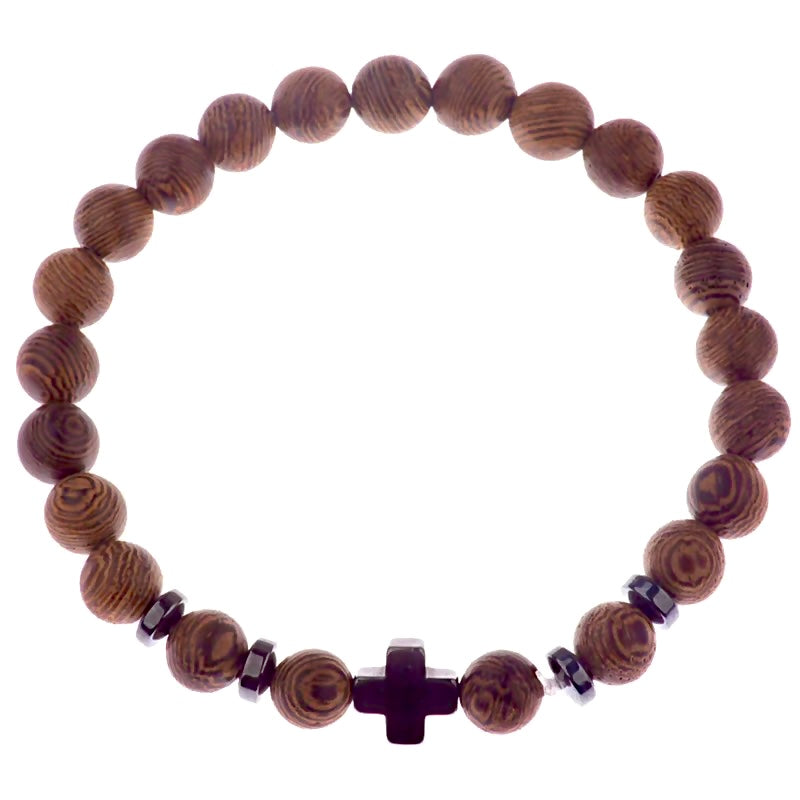 "Sacred Woods: 8mm Round Wood Beads Bracelet with Cross Charm for Men"