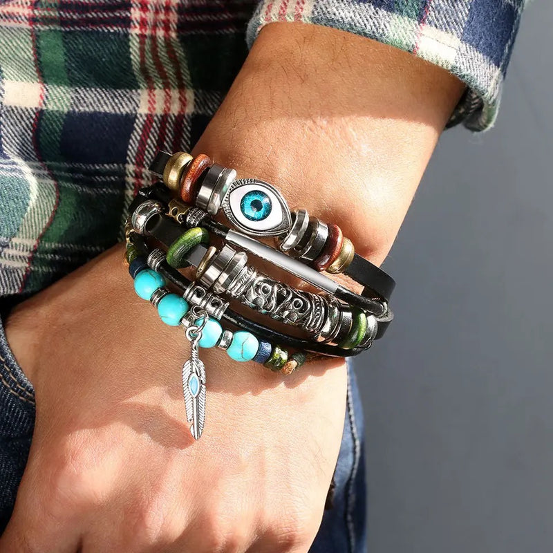 "Boho Guardian: Vintage Evil Eye Symbol Stone Feather Charm Multilayer Adjustable Leather Bracelet for Men"