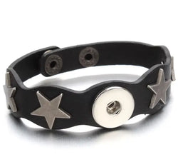 Stellar Style: Black Leather Snap Button Bracelet with Metal Star Design
