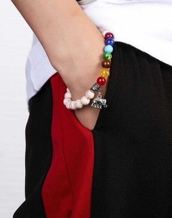 "Majestic Harmony: Marble Stone with 7 Chakras Healing Stone Bracelet and Elephant Dangling Charm for Women and Men"