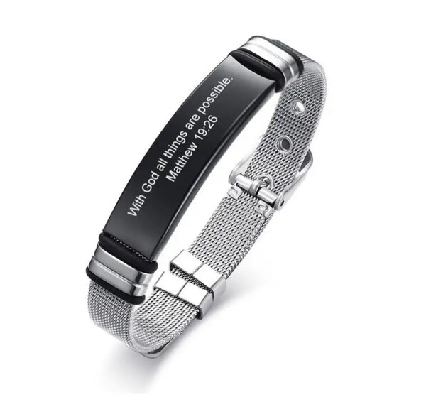 "Sacred Steel: Adjustable Christian Men's Stainless Steel Bracelet with Personalized Scripture"