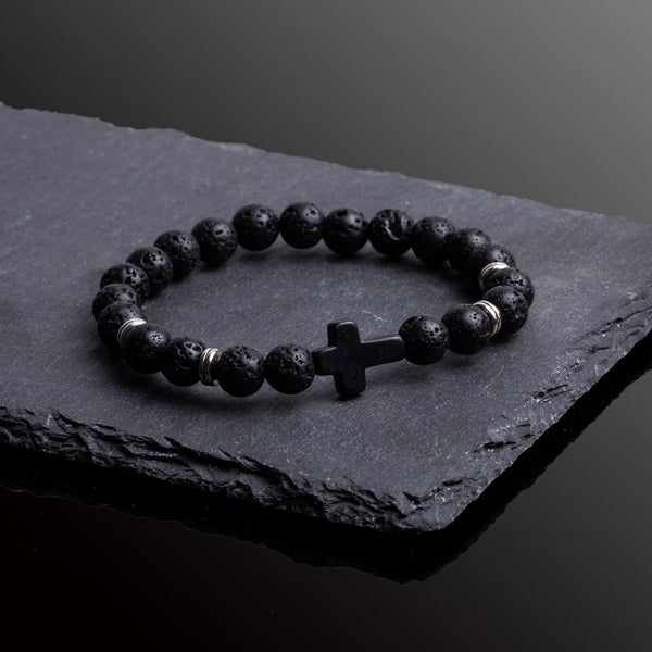 "Sacred Fusion: Custom Lava Rock Stone Bracelet with Cross Charm for Men and Women"