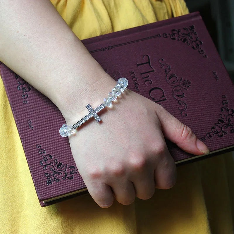 "Divine Sparkle: Women's Crystal Bead Bracelet with Cross Rhinestone Pendant"