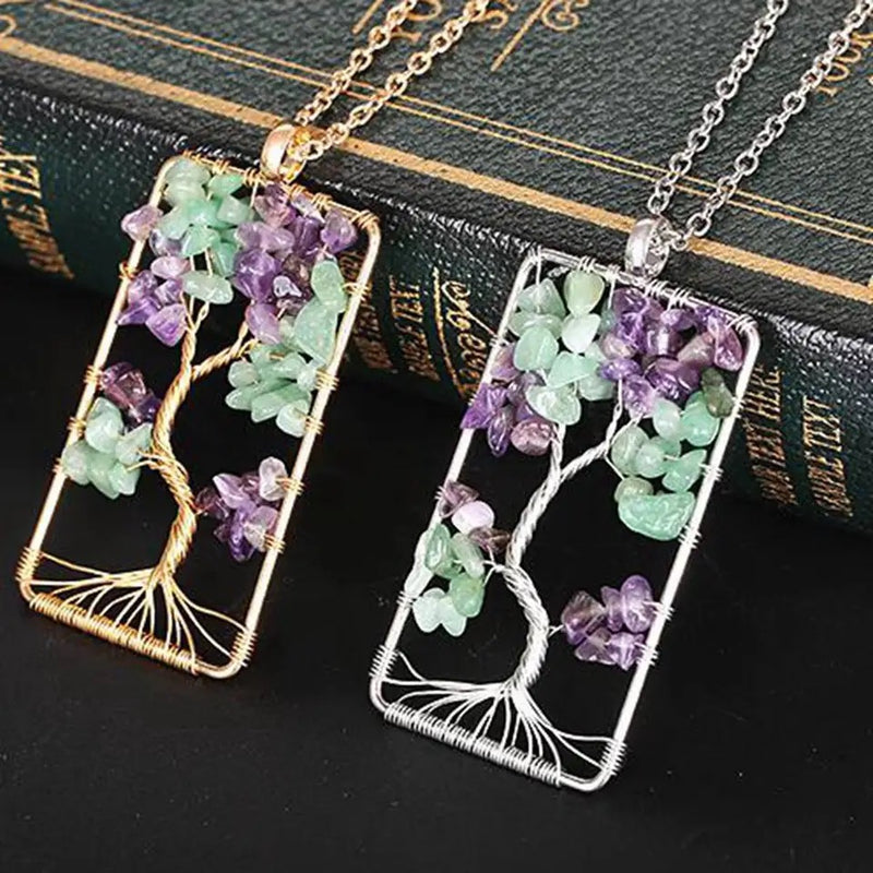 "Enchanting Amethyst Tree: Silver Plated Natural Stone Crystal Square Tree of Life Pendant Necklace”