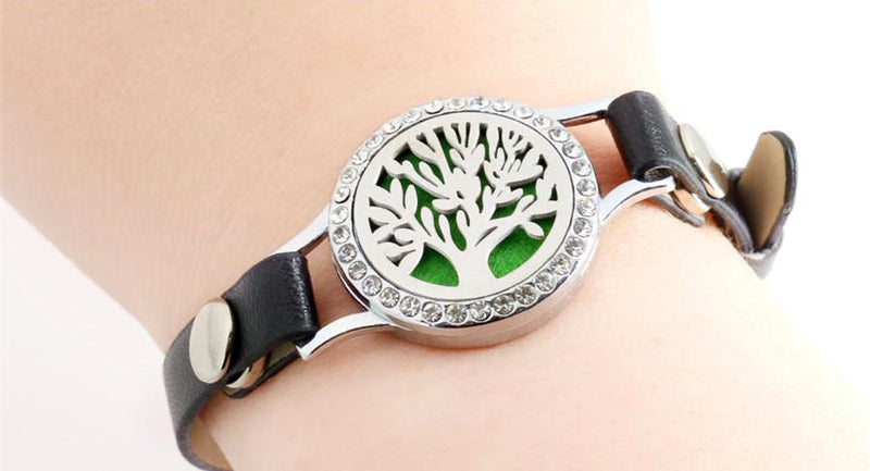 RHINESTONE "TREE OF LIFE" Aromatherapy Essential Oil Leather Diffuser Locket Bracelet - 316L Stainless Steel