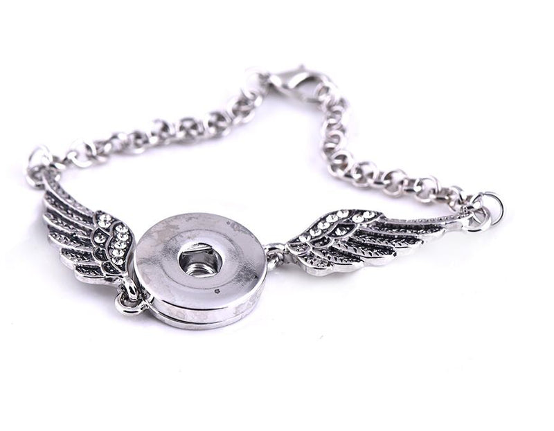 Women's Angel Wing Rhinestone Snap Button Bracelet - 18mm Metal Snap Button