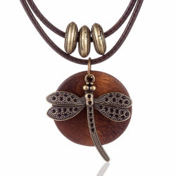 Women's Fashion Vintage Dragonfly Wooden Pendant Necklace