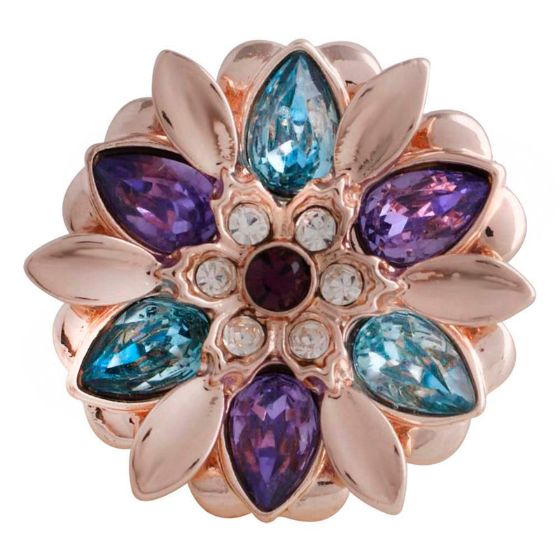"Garden Splendor Snap Button: Aqua and Purple Floral Gems with White Rhinestone Center"-18mm