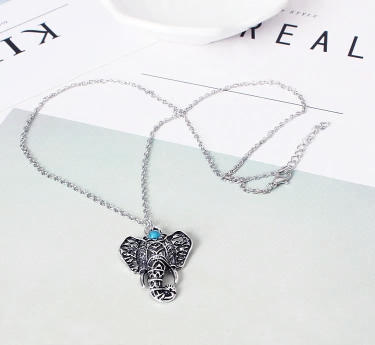 Silver Vintage Elephant Pendant Turquoise Chain Necklace