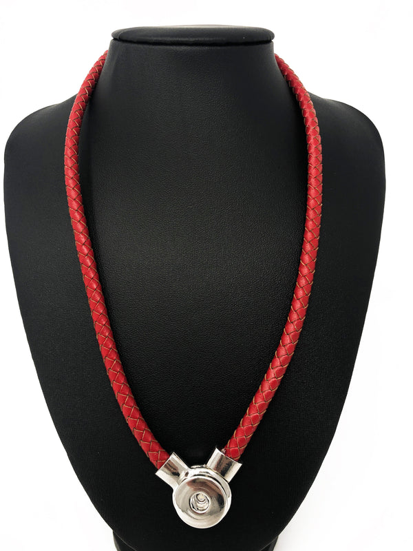 “Braided Leather Snap Button Necklace with Magnetic Closure - Versatile Style with Silver-tone Accents”(Multiple Colors)