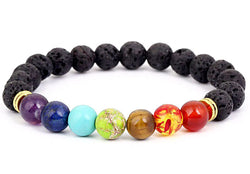 7 Chakra Stones Bracelet - Black Lava Healing Balance Beads - Reiki Buddha Prayer Natural Stone Bracelet