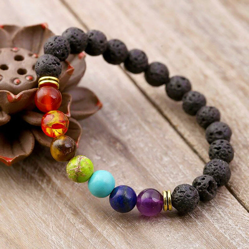 7 Chakra Stones Bracelet - Black Lava Healing Balance Beads - Reiki Buddha Prayer Natural Stone Bracelet